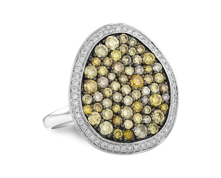 Multi color diamond confetti ring. 14k white gold pave set multi color diamonds with black rhodium plating, framed by a channel of bead set colorless diamonds.